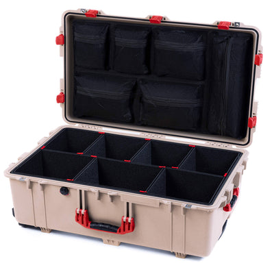 Pelican 1650 Case, Desert Tan with Red Handles & Latches TrekPak Divider System with Mesh Lid Organizer ColorCase 016500-0120-310-320