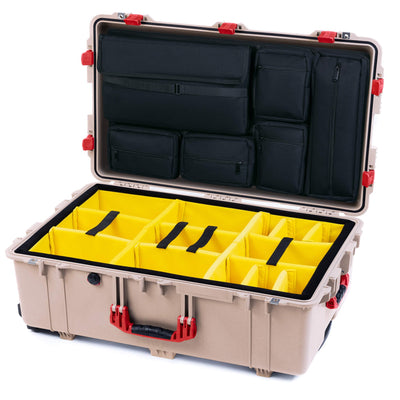 Pelican 1650 Case, Desert Tan with Red Handles & Latches Yellow Padded Microfiber Dividers with Laptop Computer Lid Pouch ColorCase 016500-0210-310-320