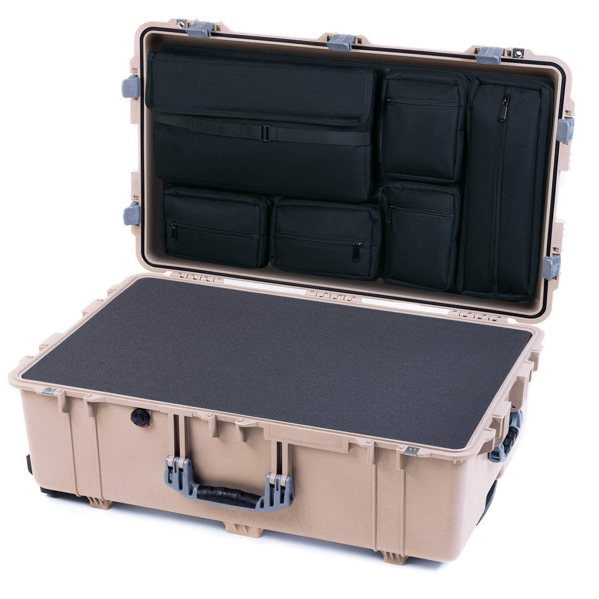 Pelican 1650 Case, Desert Tan with Silver Handles &amp; Latches Pick &amp; Pluck Foam with Laptop Computer Lid Pouch ColorCase 016500-0201-310-180
