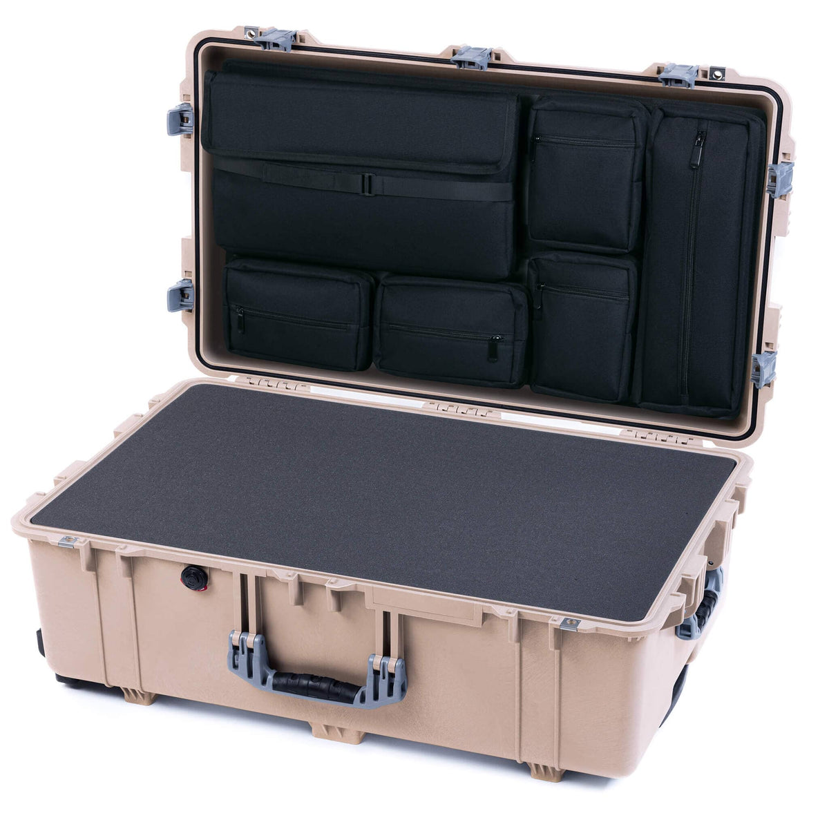 Pelican 1650 Case, Desert Tan with Silver Handles &amp; Push-Button Latches Pick &amp; Pluck Foam with Laptop Computer Lid Pouch ColorCase 016500-0201-310-181