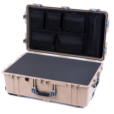 Pelican 1650 Case, Desert Tan with Silver Handles & Push-Button Latches Pick & Pluck Foam with Mesh Lid Organizer ColorCase 016500-0101-310-181