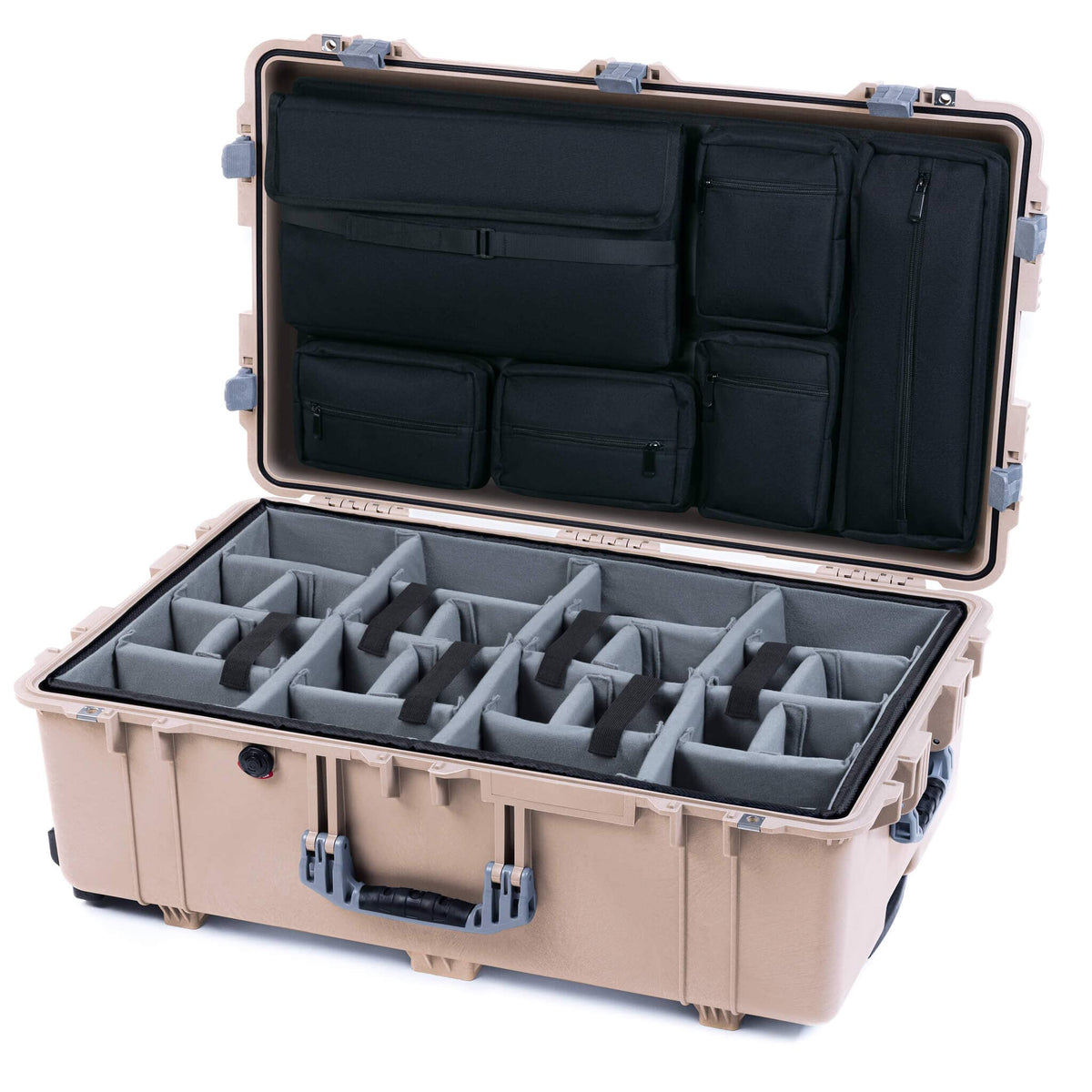 Pelican 1650 Case, Desert Tan with Silver Handles &amp; Latches Gray Padded Microfiber Dividers with Laptop Computer Lid Pouch ColorCase 016500-0270-310-180
