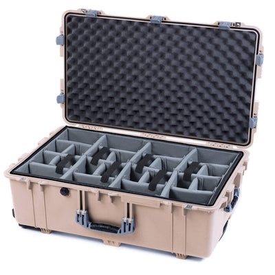 Pelican 1650 Case, Desert Tan with Silver Handles & Latches Gray Padded Microfiber Dividers with Convoluted Lid Foam ColorCase 016500-0070-310-180