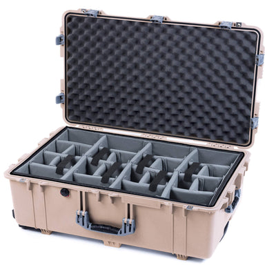 Pelican 1650 Case, Desert Tan with Silver Handles & Push-Button Latches Gray Padded Microfiber Dividers with Convoluted Lid Foam ColorCase 016500-0070-310-181