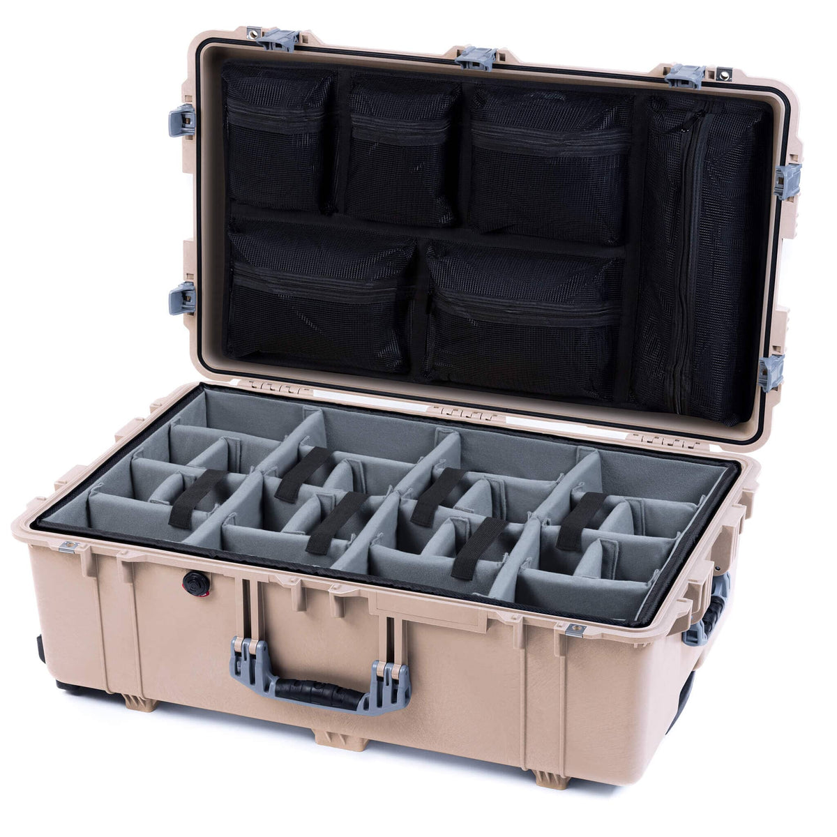 Pelican 1650 Case, Desert Tan with Silver Handles &amp; Push-Button Latches Gray Padded Microfiber Dividers with Mesh Lid Organizer ColorCase 016500-0170-310-181