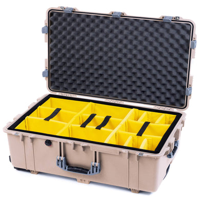 Pelican 1650 Case, Desert Tan with Silver Handles & Latches Yellow Padded Microfiber Dividers with Convoluted Lid Foam ColorCase 016500-0010-310-180