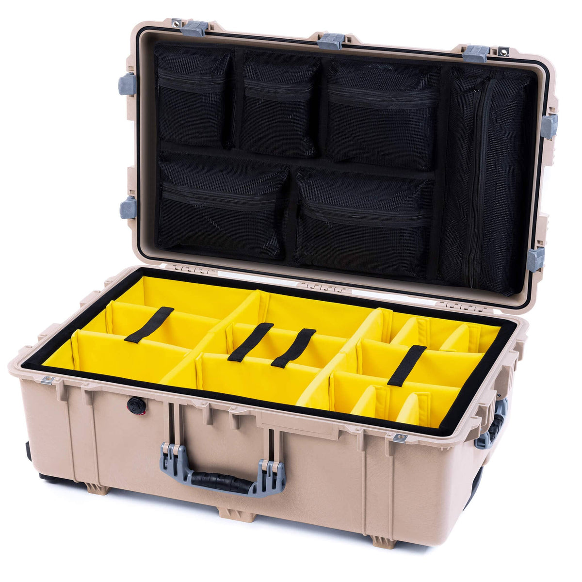 Pelican 1650 Case, Desert Tan with Silver Handles &amp; Latches Yellow Padded Microfiber Dividers with Mesh Lid Organizer ColorCase 016500-0110-310-180