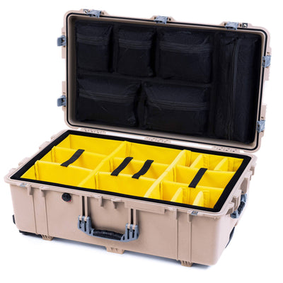 Pelican 1650 Case, Desert Tan with Silver Handles & Push-Button Latches Yellow Padded Microfiber Dividers with Mesh Lid Organizer ColorCase 016500-0110-310-181