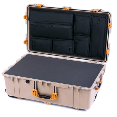 Pelican 1650 Case, Desert Tan with Yellow Handles & Push-Button Latches Pick & Pluck Foam with Laptop Computer Lid Pouch ColorCase 016500-0201-310-241