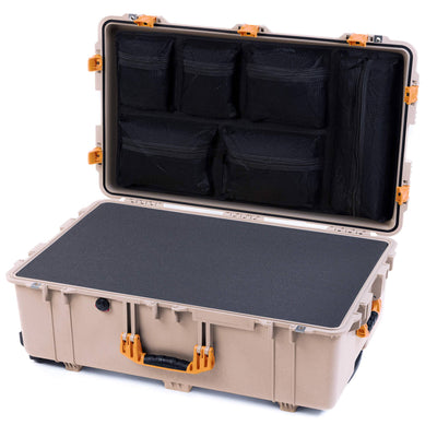 Pelican 1650 Case, Desert Tan with Yellow Handles & Push-Button Latches Pick & Pluck Foam with Mesh Lid Organizer ColorCase 016500-0101-310-241