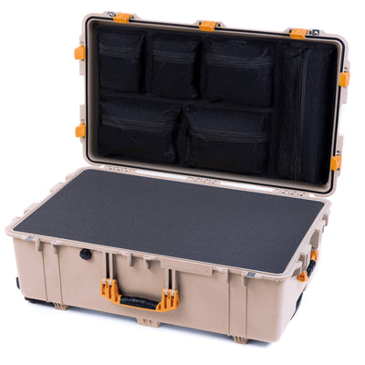 Pelican 1650 Case, Desert Tan with Yellow Handles & Latches Pick & Pluck Foam with Mesh Lid Organizer ColorCase 016500-0101-310-240