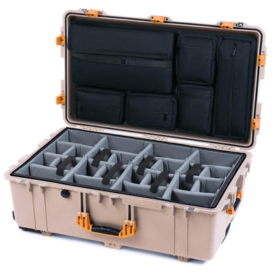 Pelican 1650 Case, Desert Tan with Yellow Handles & Push-Button Latches Gray Padded Microfiber Dividers with Laptop Computer Lid Pouch ColorCase 016500-0270-310-241