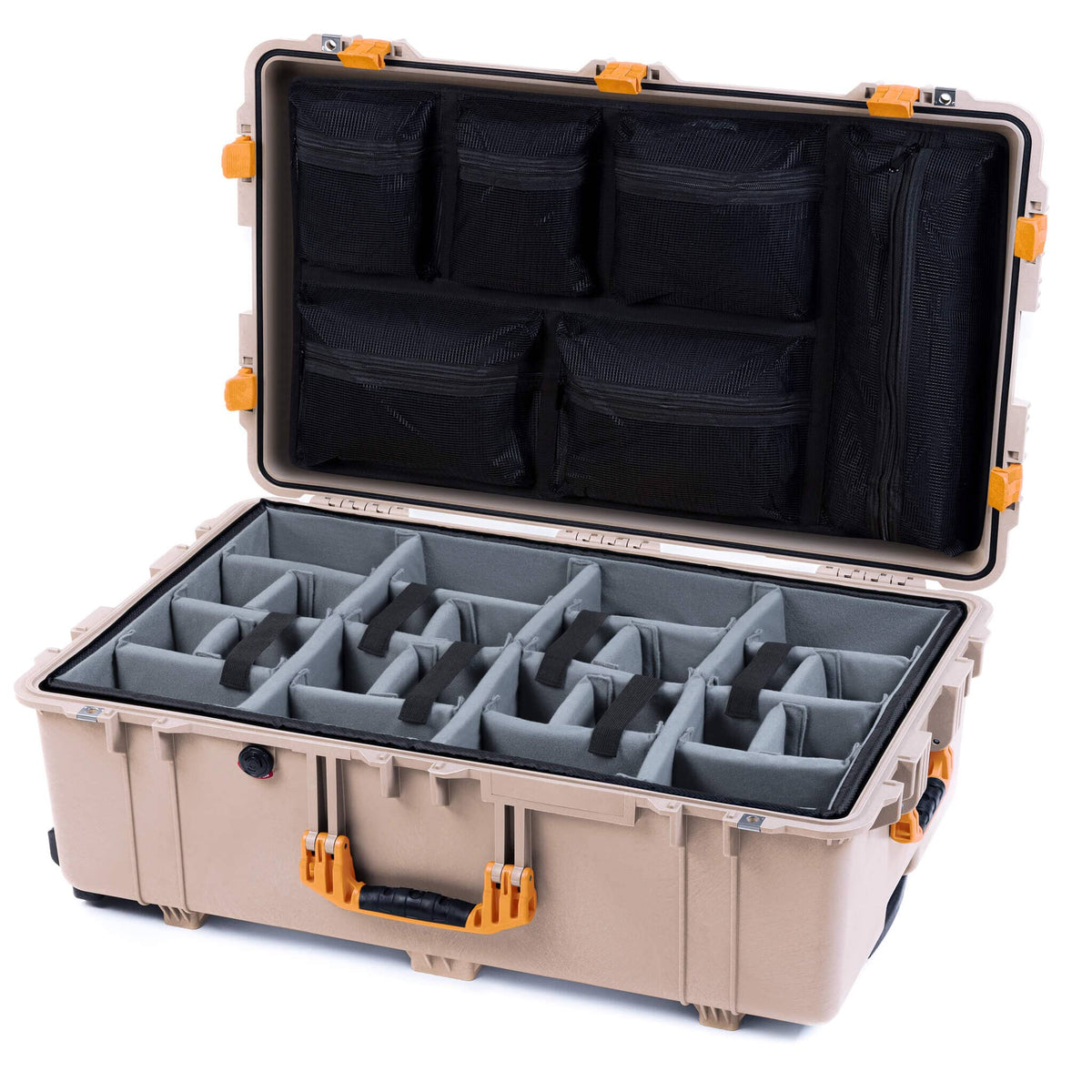 Pelican 1650 Case, Desert Tan with Yellow Handles &amp; Latches Gray Padded Microfiber Dividers with Mesh Lid Organizer ColorCase 016500-0170-310-240