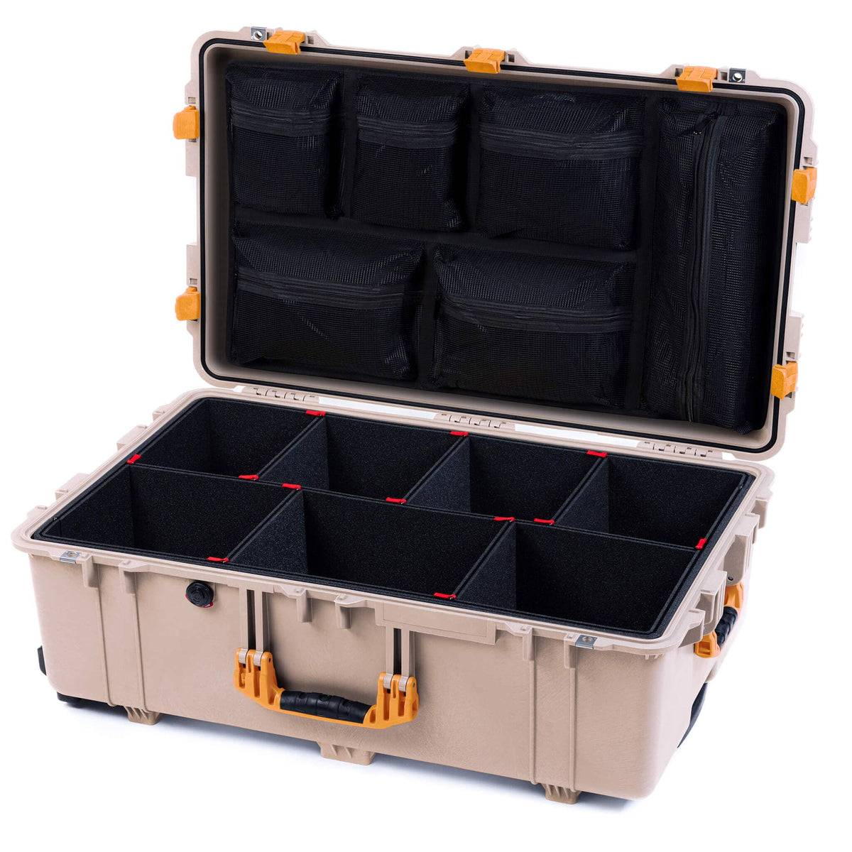 Pelican 1650 Case, Desert Tan with Yellow Handles &amp; Latches TrekPak Divider System with Mesh Lid Organizer ColorCase 016500-0120-310-240