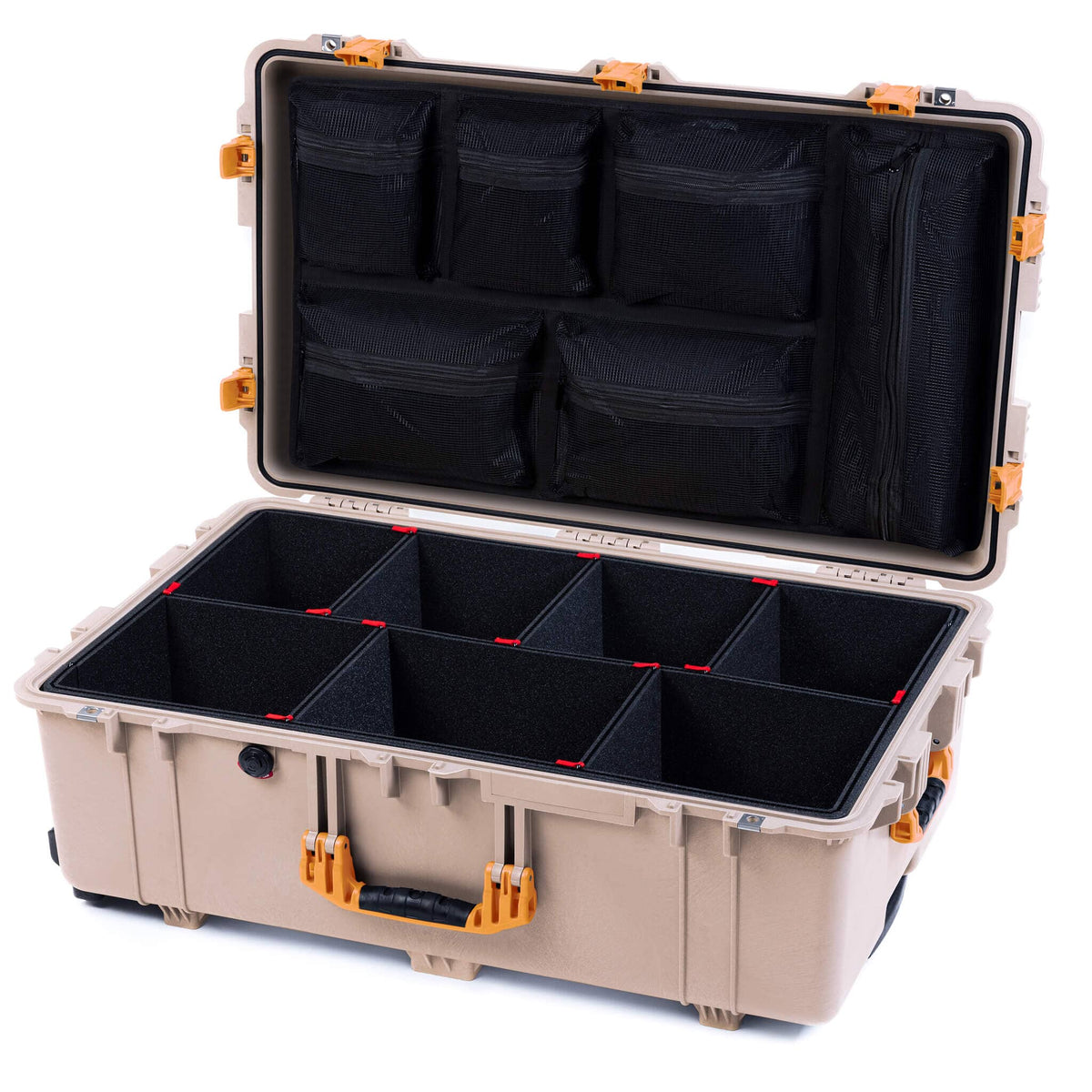 Pelican 1650 Case, Desert Tan with Yellow Handles &amp; Push-Button Latches TrekPak Divider System with Mesh Lid Organizer ColorCase 016500-0120-310-241