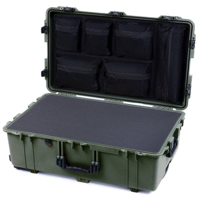 Pelican 1650 Case, OD Green with Black Handles & Push-Button Latches Pick & Pluck Foam with Mesh Lid Organizer ColorCase 016500-0101-130-111