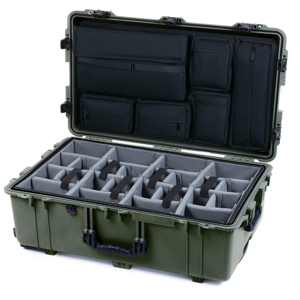 Pelican 1650 Case, OD Green with Black Handles &amp; Push-Button Latches Gray Padded Microfiber Dividers with Laptop Computer Lid Pouch ColorCase 016500-0270-130-111