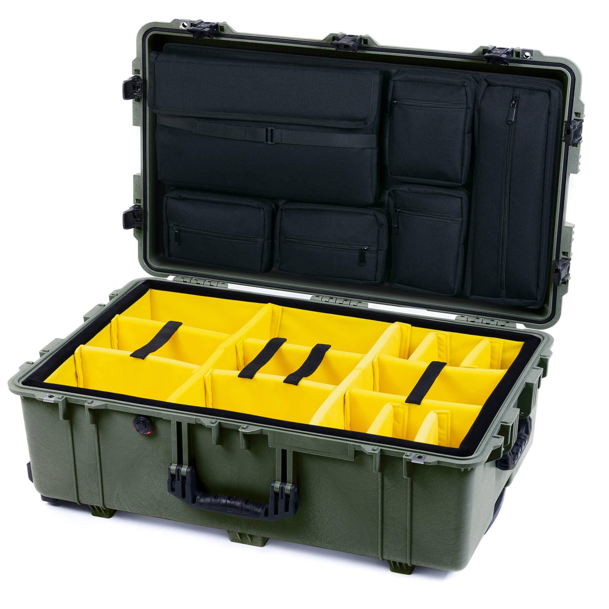 Pelican 1650 Case, OD Green with Black Handles &amp; TSA Locking Latches Yellow Padded Microfiber Dividers with Laptop Computer Lid Pouch ColorCase 016500-0210-130-L10