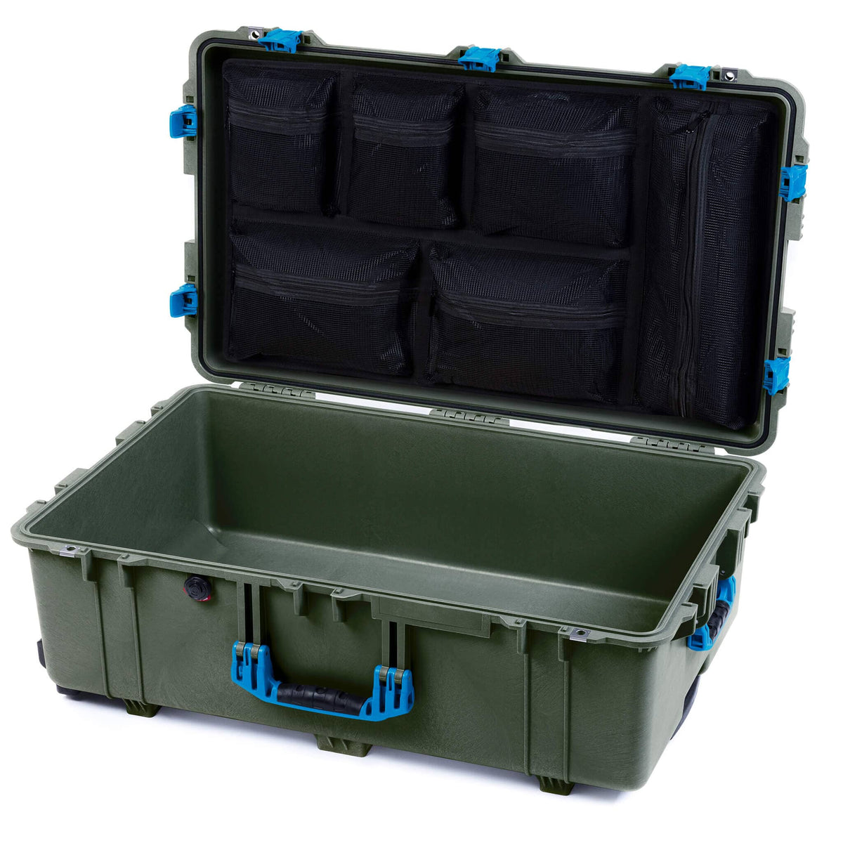 Pelican 1650 Case, OD Green with Blue Handles &amp; Push-Button Latches Mesh Lid Organizer Only ColorCase 016500-0100-130-121