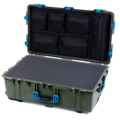 Pelican 1650 Case, OD Green with Blue Handles & Latches Pick & Pluck Foam with Mesh Lid Organizer ColorCase 016500-0101-130-120