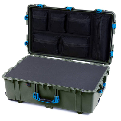 Pelican 1650 Case, OD Green with Blue Handles & Push-Button Latches Pick & Pluck Foam with Mesh Lid Organizer ColorCase 016500-0101-130-121