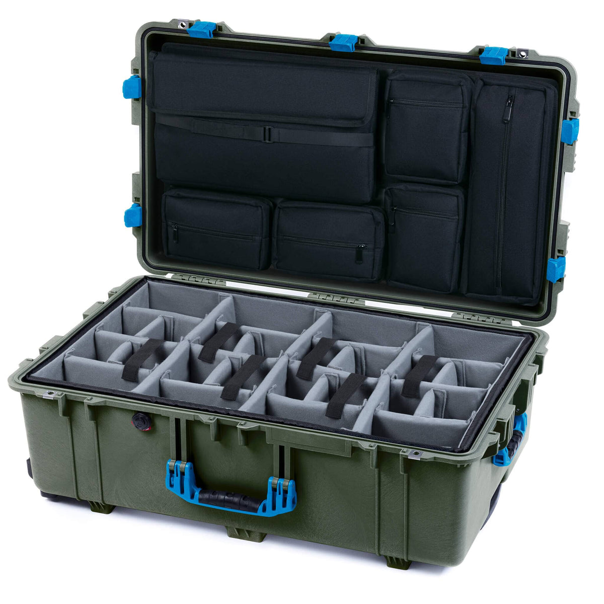 Pelican 1650 Case, OD Green with Blue Handles &amp; Latches Gray Padded Microfiber Dividers with Laptop Computer Lid Pouch ColorCase 016500-0270-130-120