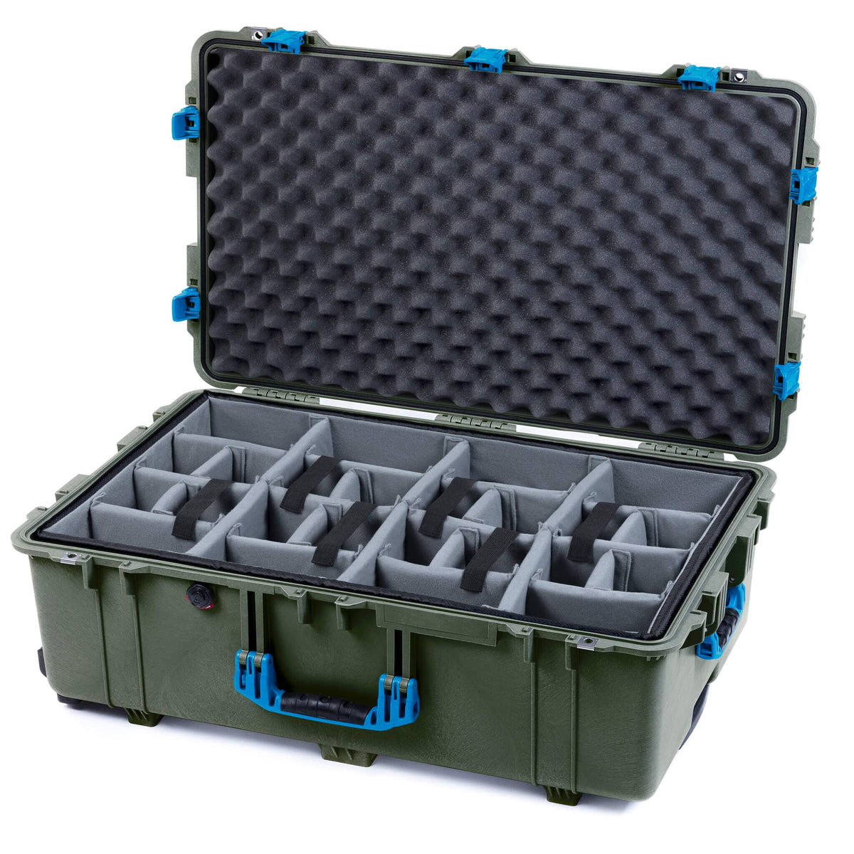 Pelican 1650 Case, OD Green with Blue Handles &amp; Push-Button Latches Gray Padded Microfiber Dividers with Convoluted Lid Foam ColorCase 016500-0070-130-121