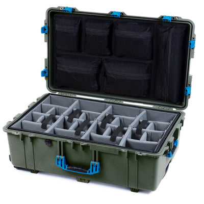 Pelican 1650 Case, OD Green with Blue Handles & Push-Button Latches Gray Padded Microfiber Dividers with Mesh Lid Organizer ColorCase 016500-0170-130-121