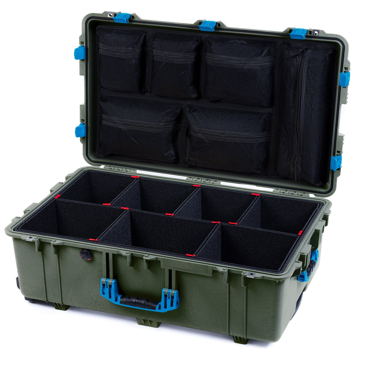 Pelican 1650 Case, OD Green with Blue Handles &amp; Latches TrekPak Divider System with Mesh Lid Organizer ColorCase 016500-0120-130-120