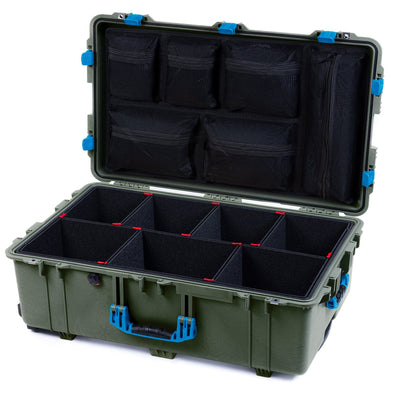 Pelican 1650 Case, OD Green with Blue Handles & Latches TrekPak Divider System with Mesh Lid Organizer ColorCase 016500-0120-130-120