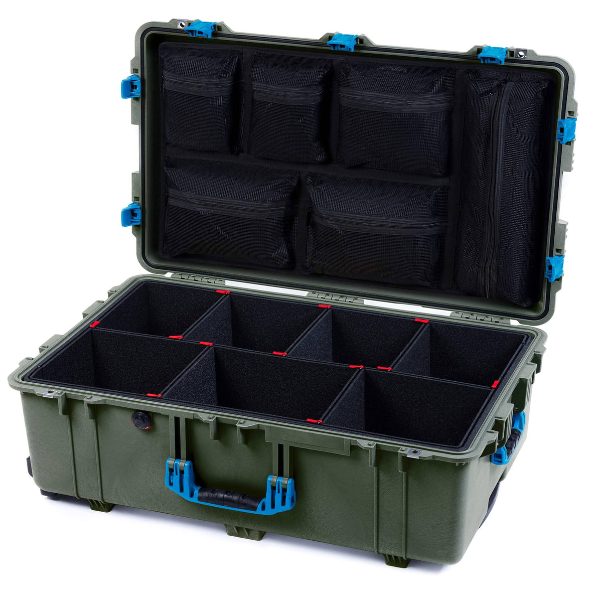 Pelican 1650 Case, OD Green with Blue Handles &amp; Push-Button Latches TrekPak Divider System with Mesh Lid Organizer ColorCase 016500-0120-130-121