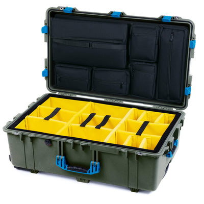 Pelican 1650 Case, OD Green with Blue Handles & Latches Yellow Padded Microfiber Dividers with Laptop Computer Lid Pouch ColorCase 016500-0210-130-120