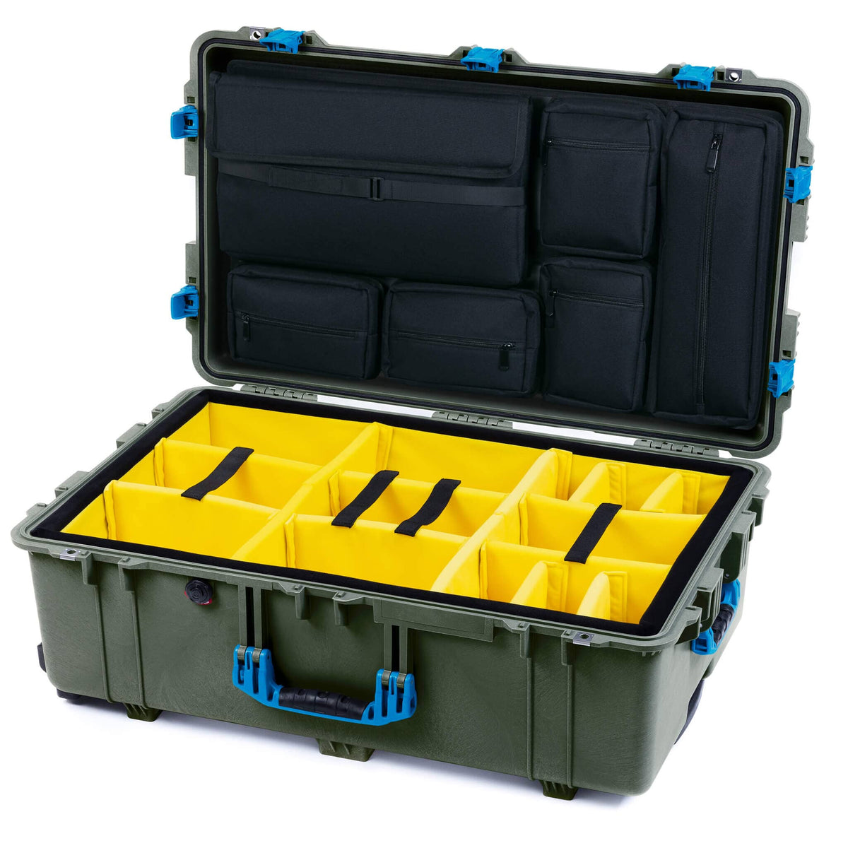 Pelican 1650 Case, OD Green with Blue Handles &amp; Push-Button Latches Yellow Padded Microfiber Dividers with Laptop Computer Lid Pouch ColorCase 016500-0210-130-121