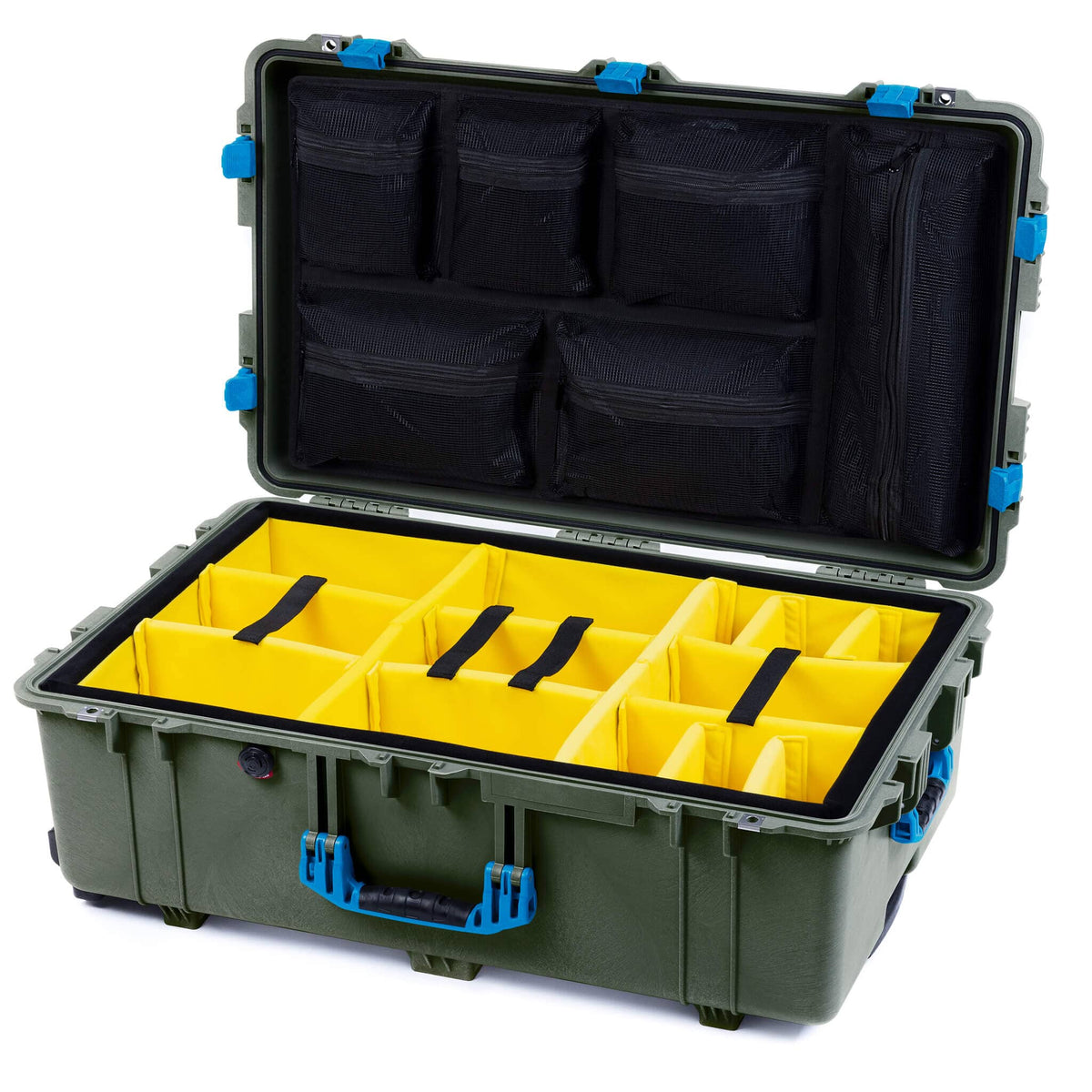 Pelican 1650 Case, OD Green with Blue Handles &amp; Latches Yellow Padded Microfiber Dividers with Mesh Lid Organizer ColorCase 016500-0110-130-120