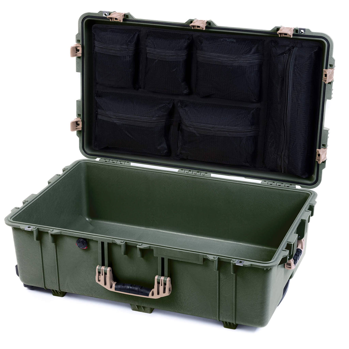 Pelican 1650 Case, OD Green with Desert Tan Handles &amp; Push-Button Latches Mesh Lid Organizer Only ColorCase 016500-0100-130-311