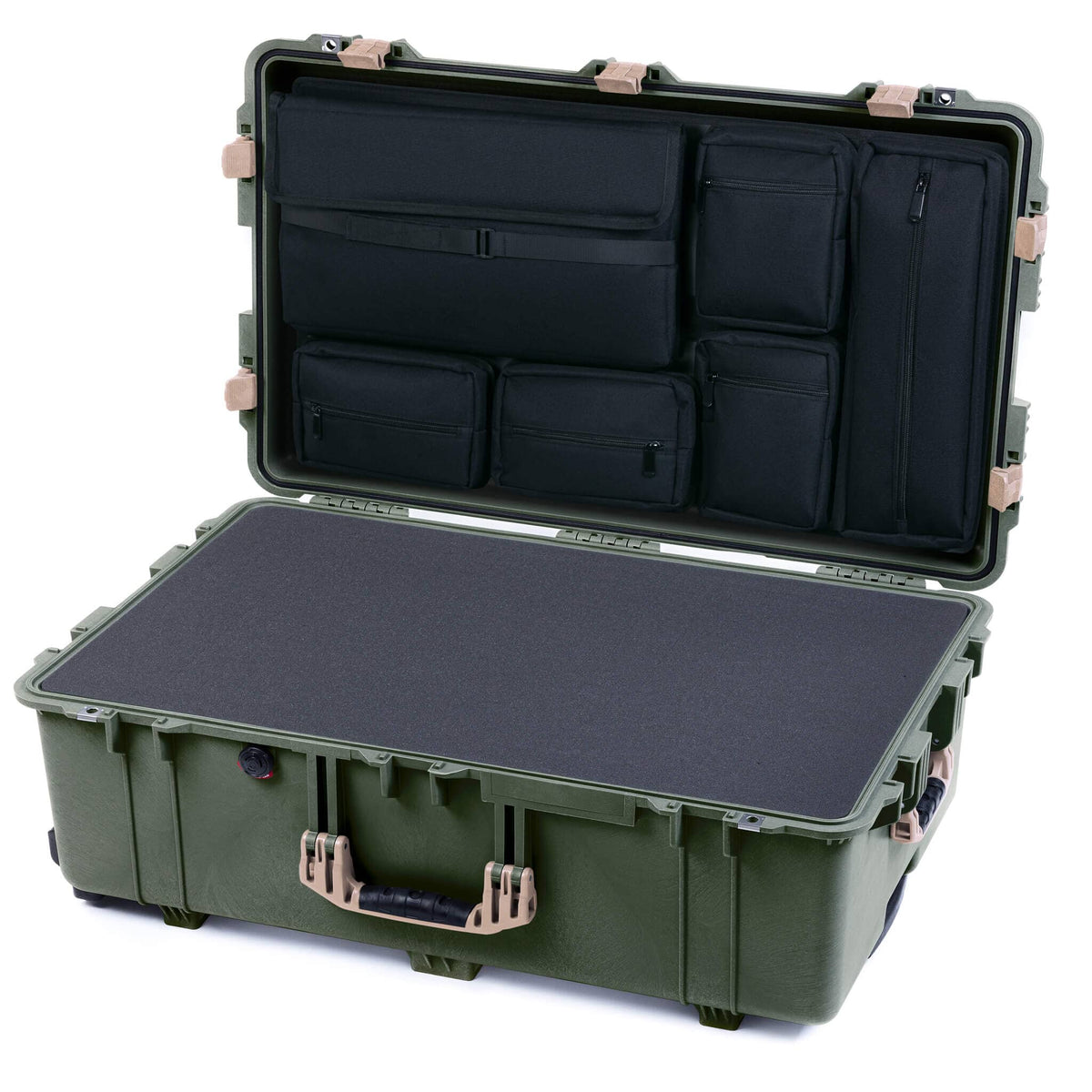 Pelican 1650 Case, OD Green with Desert Tan Handles &amp; Latches Pick &amp; Pluck Foam with Laptop Computer Lid Pouch ColorCase 016500-0201-130-310