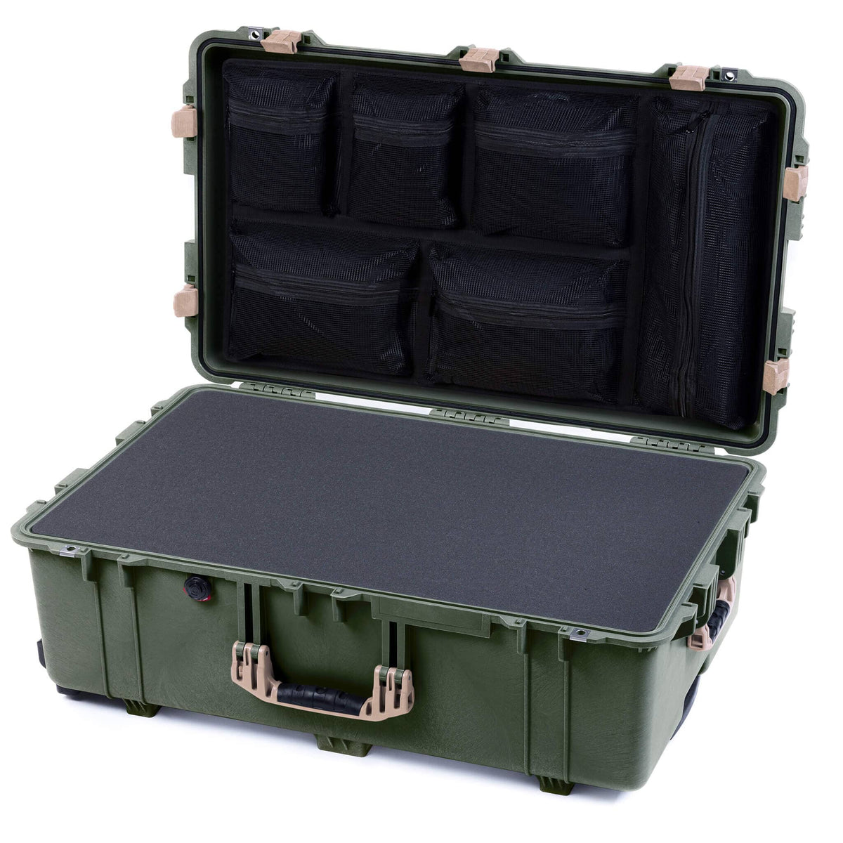 Pelican 1650 Case, OD Green with Desert Tan Handles &amp; Latches Pick &amp; Pluck Foam with Mesh Lid Organizer ColorCase 016500-0101-130-310