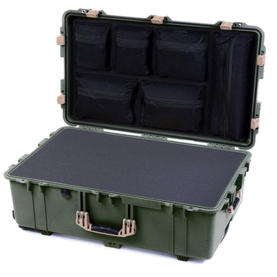 Pelican 1650 Case, OD Green with Desert Tan Handles & Latches Pick & Pluck Foam with Mesh Lid Organizer ColorCase 016500-0101-130-310