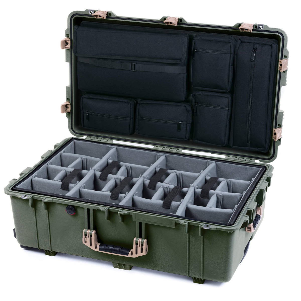Pelican 1650 Case, OD Green with Desert Tan Handles &amp; Push-Button Latches Gray Padded Microfiber Dividers with Laptop Computer Lid Pouch ColorCase 016500-0270-130-311