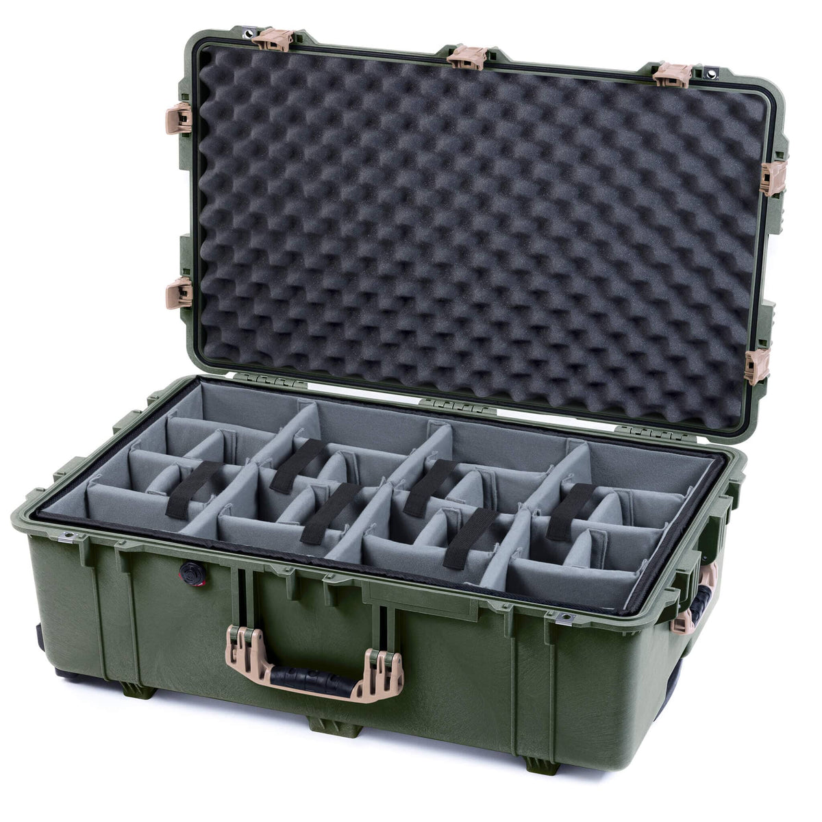 Pelican 1650 Case, OD Green with Desert Tan Handles &amp; Push-Button Latches Gray Padded Dividers with Convoluted Lid Foam ColorCase 016500-0070-130-311