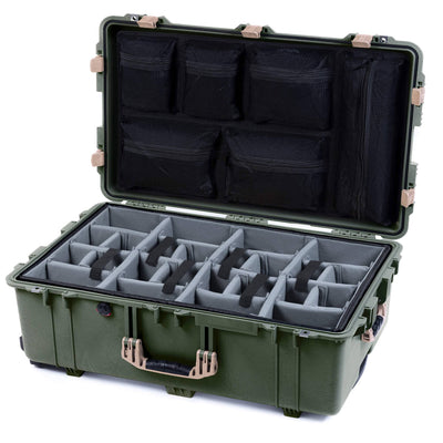 Pelican 1650 Case, OD Green with Desert Tan Handles & Latches Gray Padded Microfiber Dividers with Mesh Lid Organizer ColorCase 016500-0170-130-310