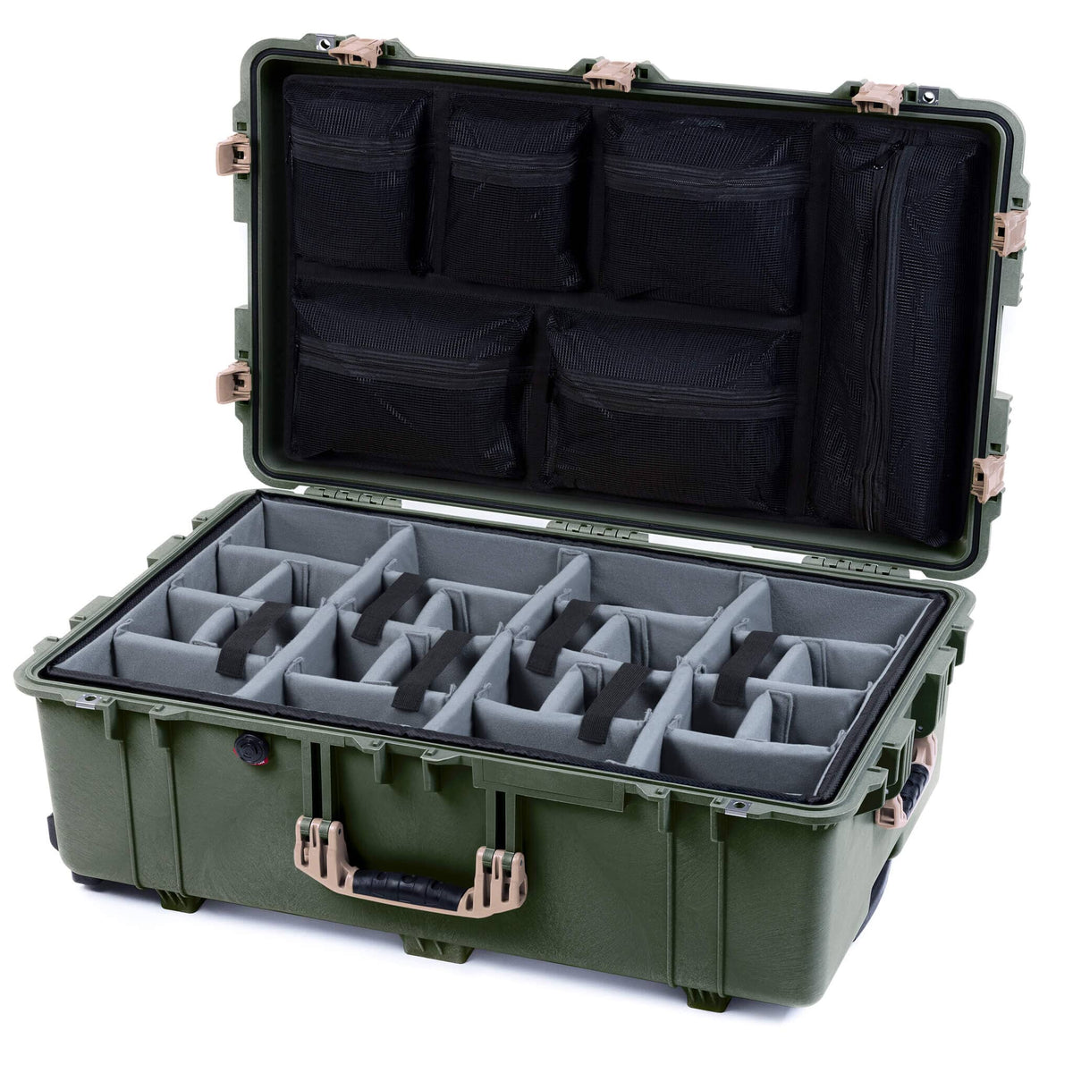 Pelican 1650 Case, OD Green with Desert Tan Handles &amp; Push-Button Latches Gray Padded Microfiber Dividers with Mesh Lid Organizer ColorCase 016500-0170-130-311