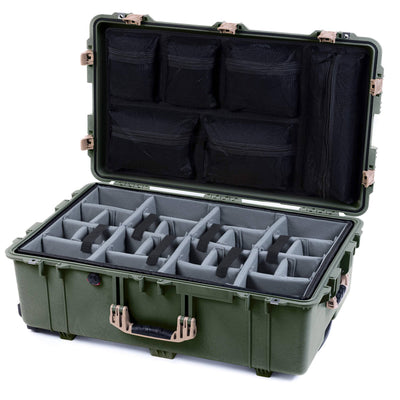 Pelican 1650 Case, OD Green with Desert Tan Handles & Push-Button Latches Gray Padded Microfiber Dividers with Mesh Lid Organizer ColorCase 016500-0170-130-311