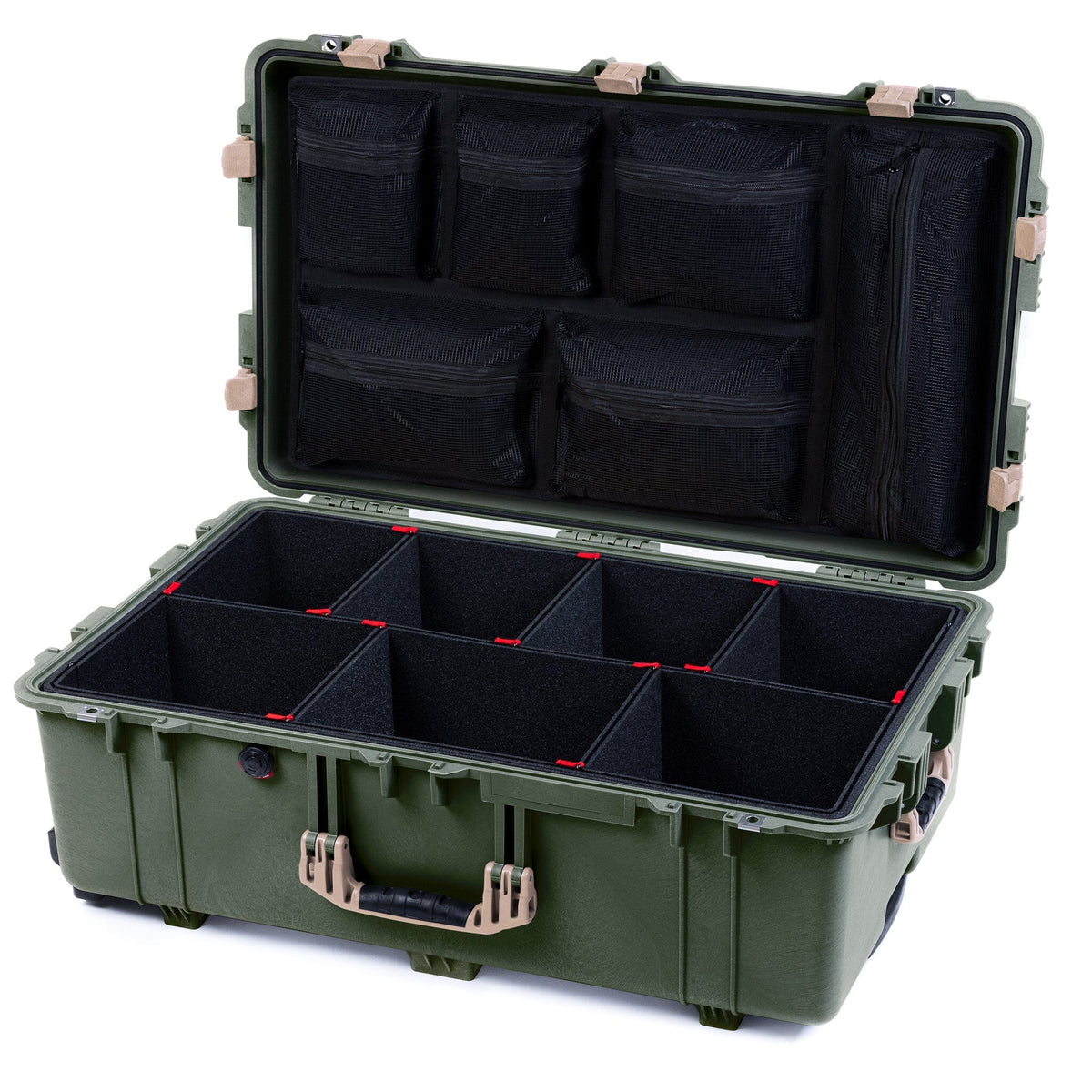 Pelican 1650 Case, OD Green with Desert Tan Handles &amp; Latches TrekPak Divider System with Mesh Lid Organizer ColorCase 016500-0120-130-310