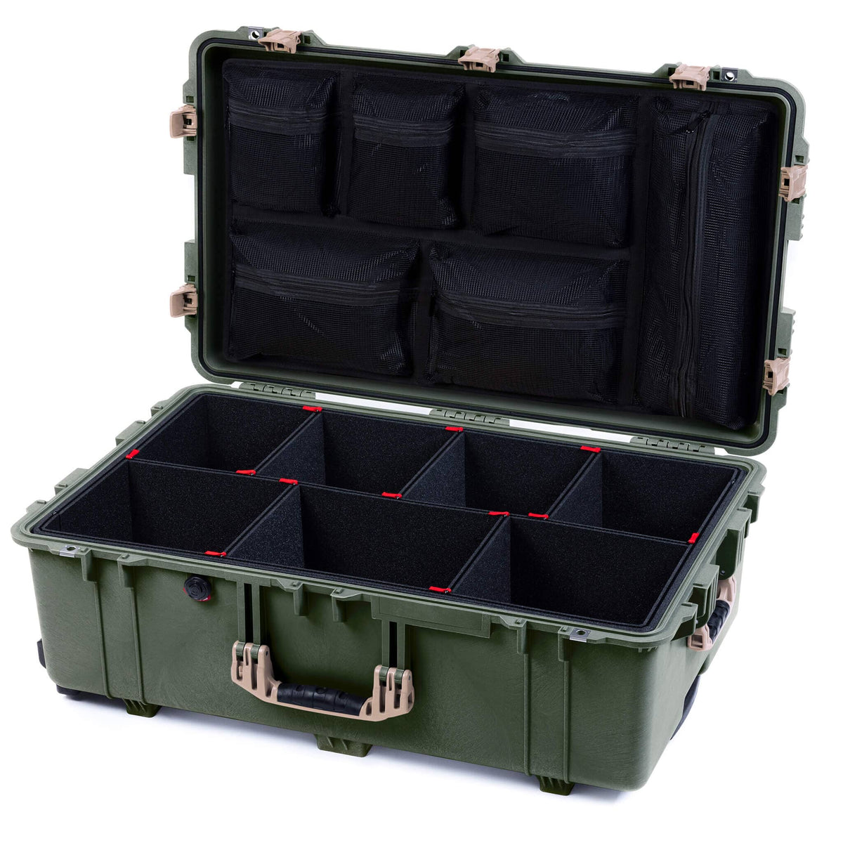 Pelican 1650 Case, OD Green with Desert Tan Handles &amp; Push-Button Latches TrekPak Divider System with Mesh Lid Organizer ColorCase 016500-0120-130-311