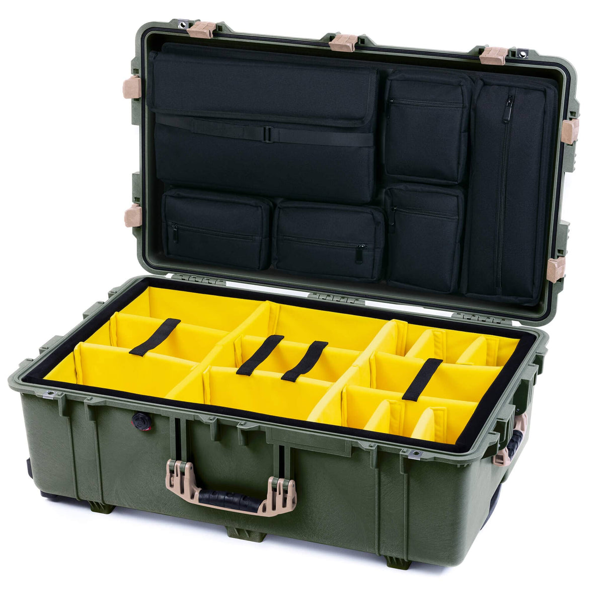 Pelican 1650 Case, OD Green with Desert Tan Handles &amp; Latches Yellow Padded Microfiber Dividers with Laptop Computer Lid Pouch ColorCase 016500-0210-130-310