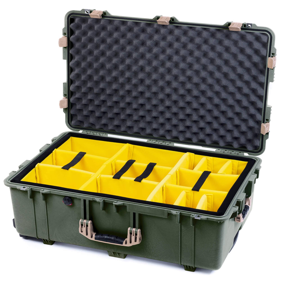 Pelican 1650 Case, OD Green with Desert Tan Handles &amp; Latches Yellow Padded Microfiber Dividers with Convoluted Lid Foam ColorCase 016500-0010-130-310