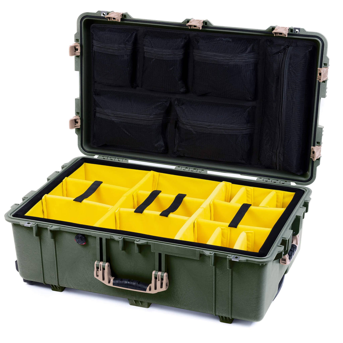 Pelican 1650 Case, OD Green with Desert Tan Handles &amp; Push-Button Latches Yellow Padded Microfiber Dividers with Mesh Lid Organizer ColorCase 016500-0110-130-311