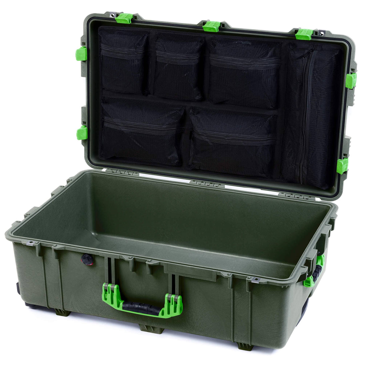Pelican 1650 Case, OD Green with Lime Green Handles &amp; Latches Mesh Lid Organizer Only ColorCase 016500-0100-130-300