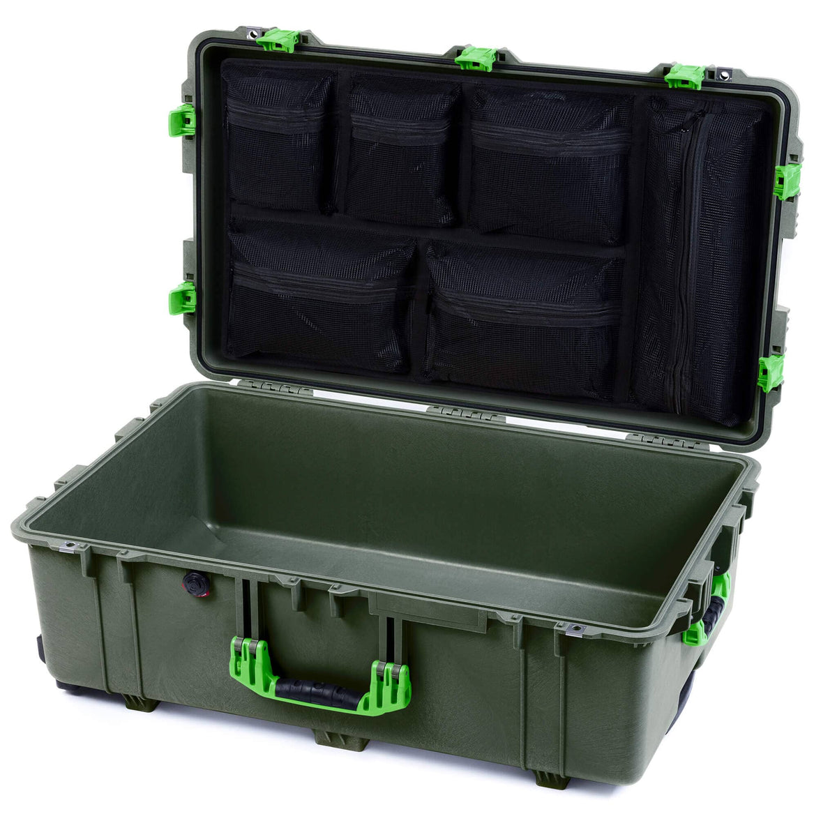 Pelican 1650 Case, OD Green with Lime Green Handles &amp; Push-Button Latches Mesh Lid Organizer Only ColorCase 016500-0100-130-301